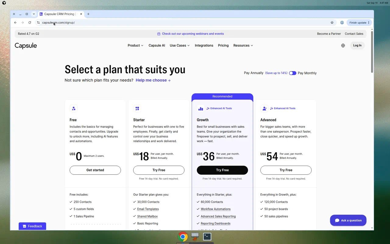 Capsule CRM official free and paid plan cards