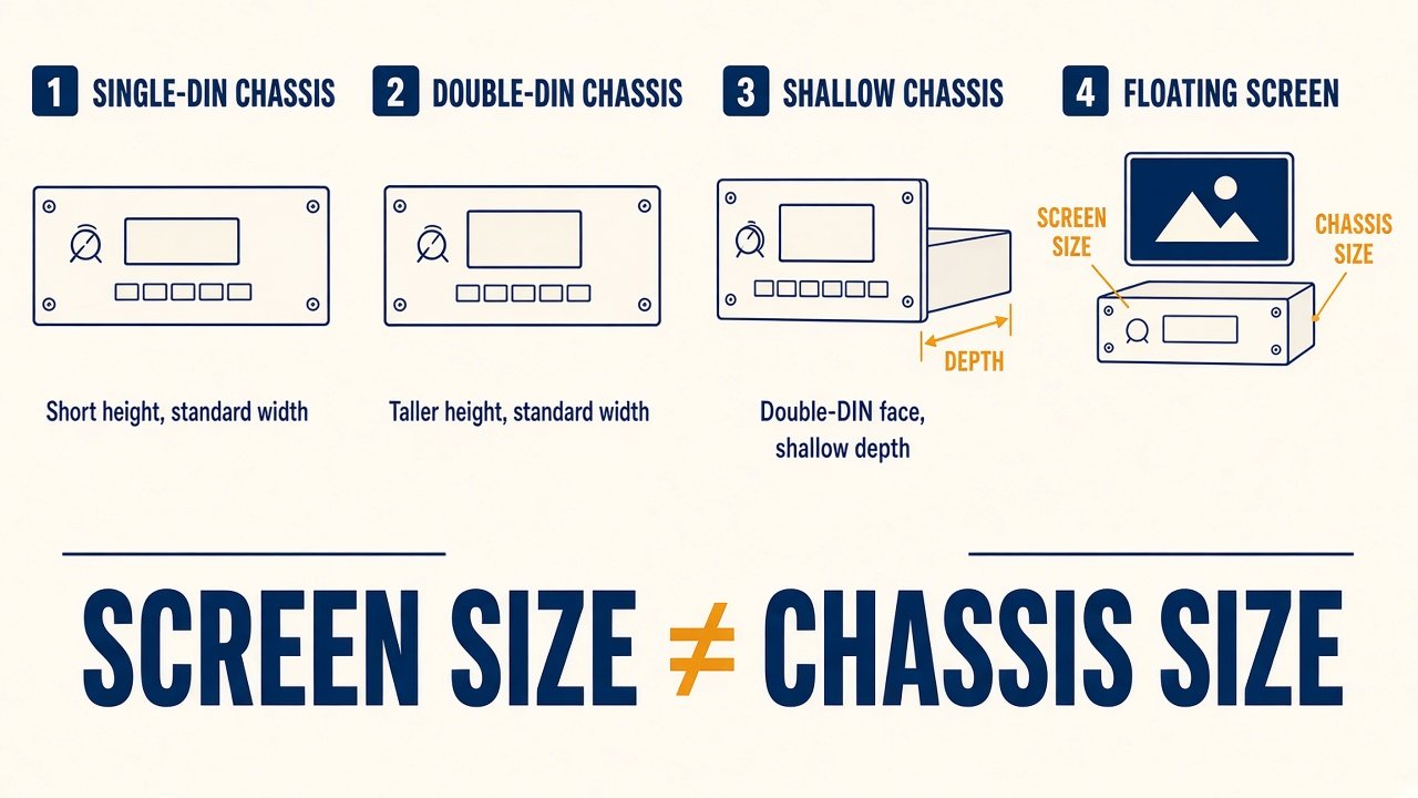 Single-DIN, double-DIN, shallow chassis, and floating screen compared
