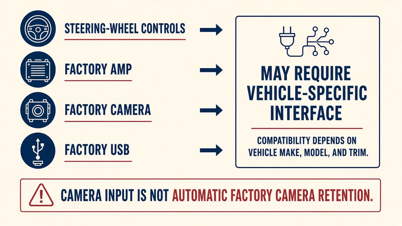 Steering-wheel controls, factory amp, camera, and USB may need an interface