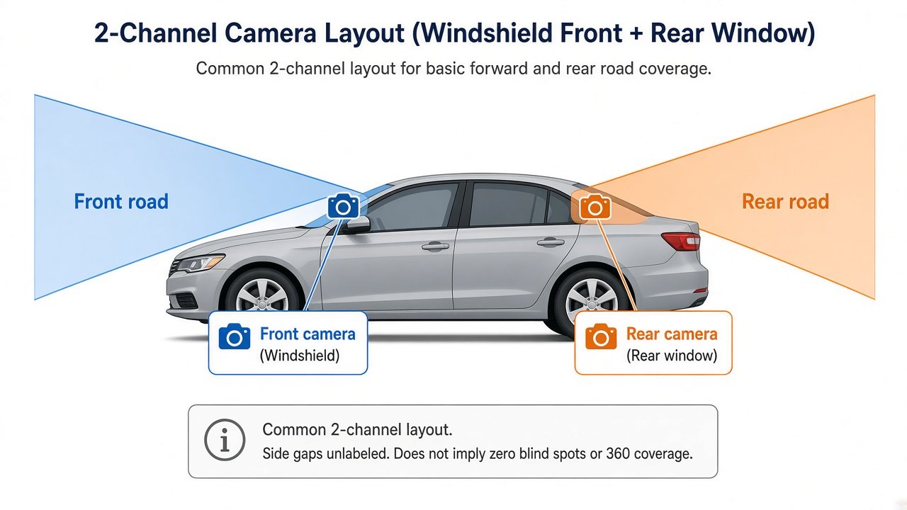 Diagram of a 2-channel dash cam with front and rear road cameras