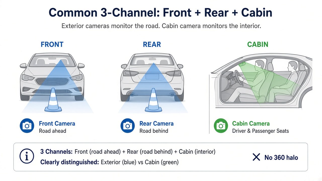 Diagram of a 3-channel dash cam covering front road, rear road, and cabin