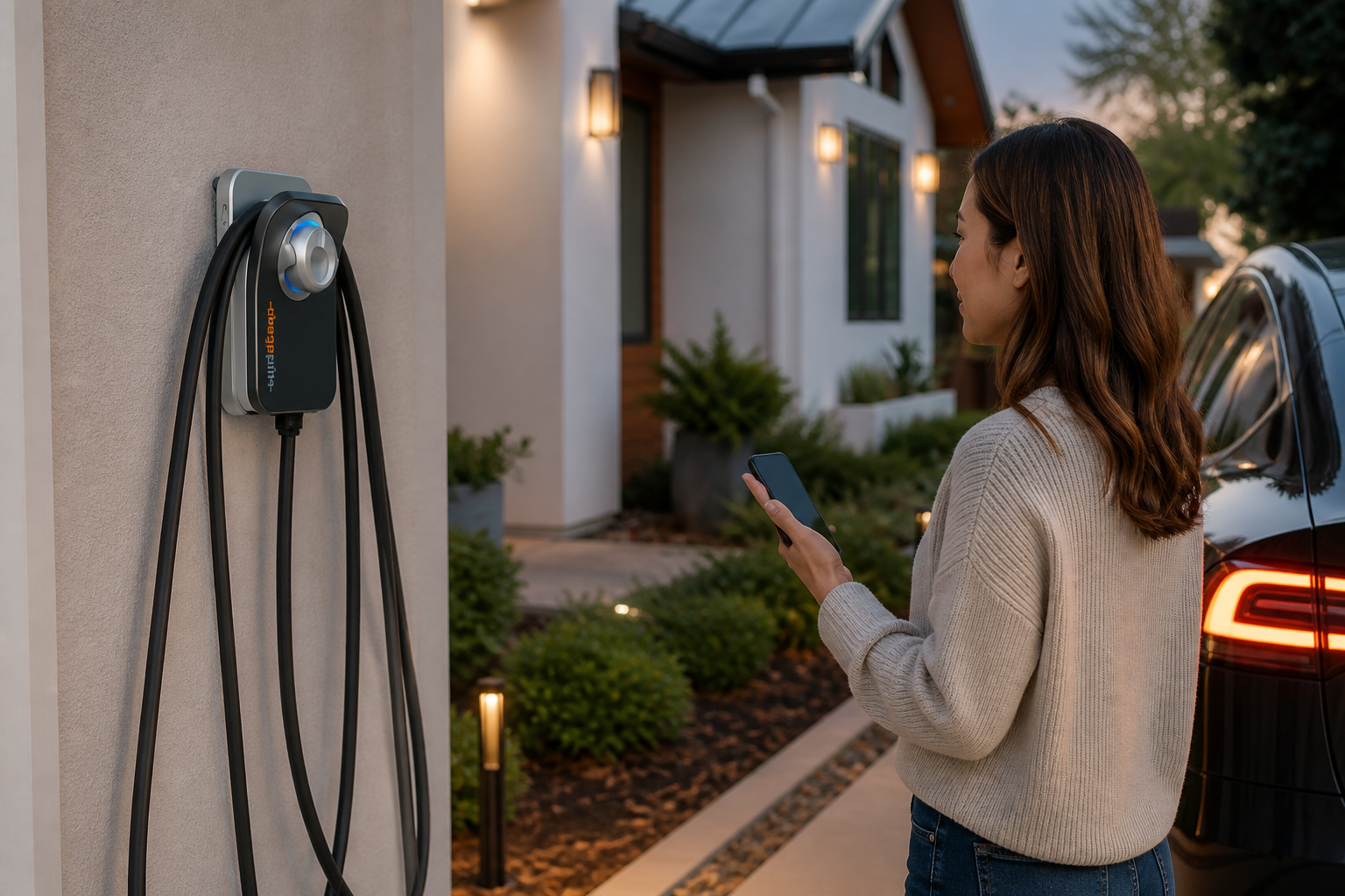 Homeowner viewing a phone near a connected ChargePoint home charger