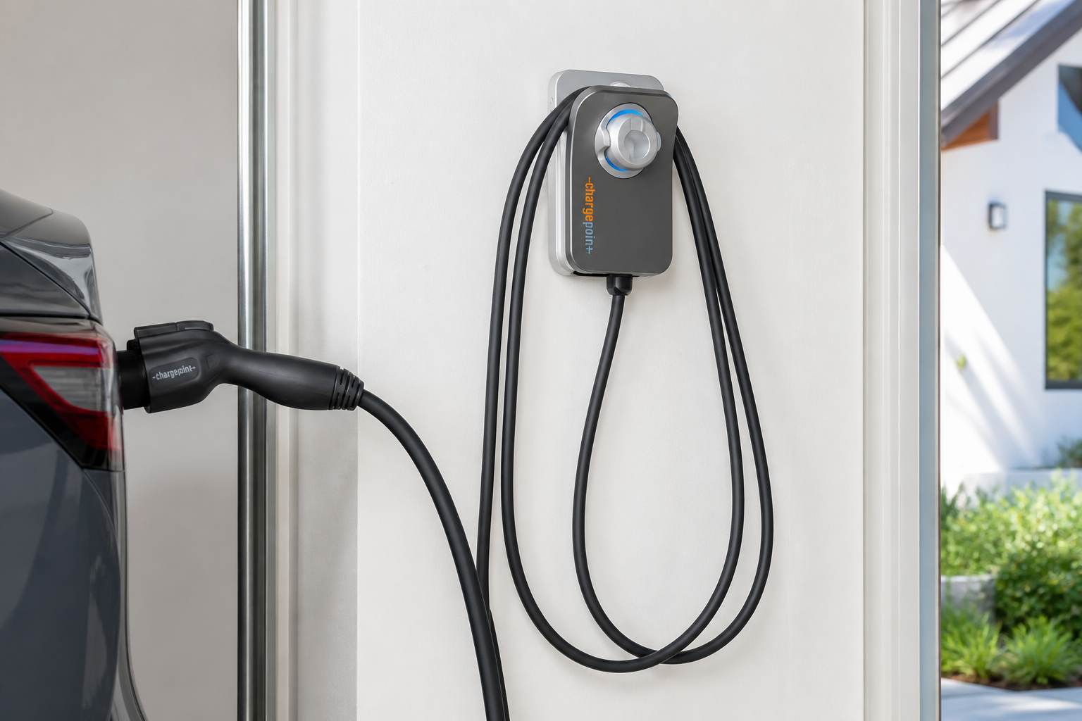 J1772 cable reaching an EV from a wall-mounted ChargePoint Home Flex