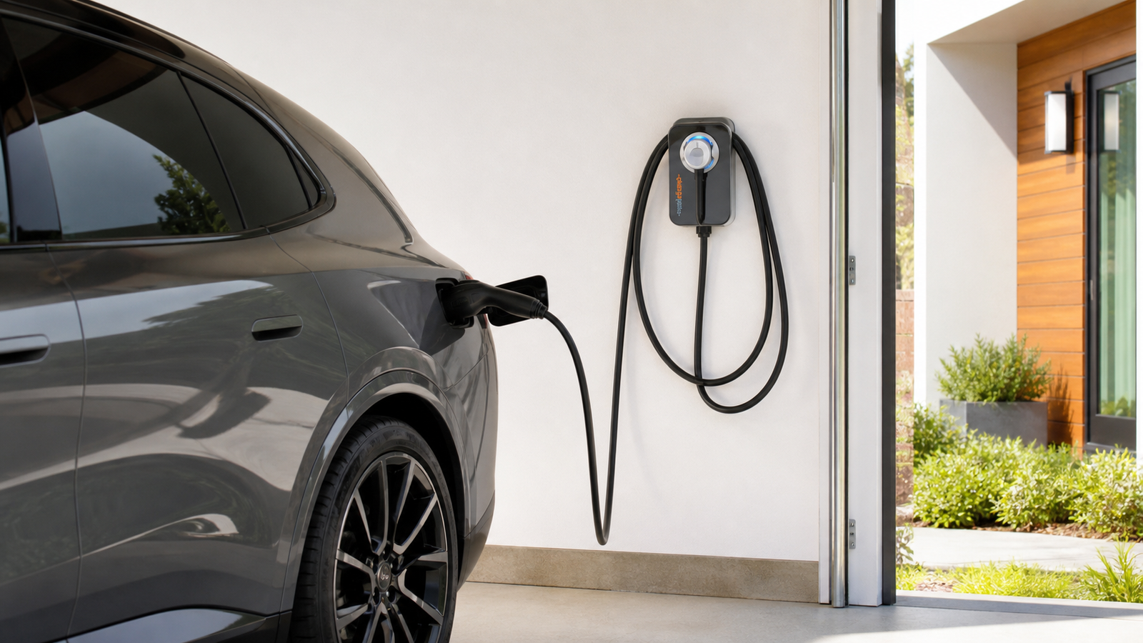 ChargePoint Home Flex hardwired charger mounted beside an electric vehicle