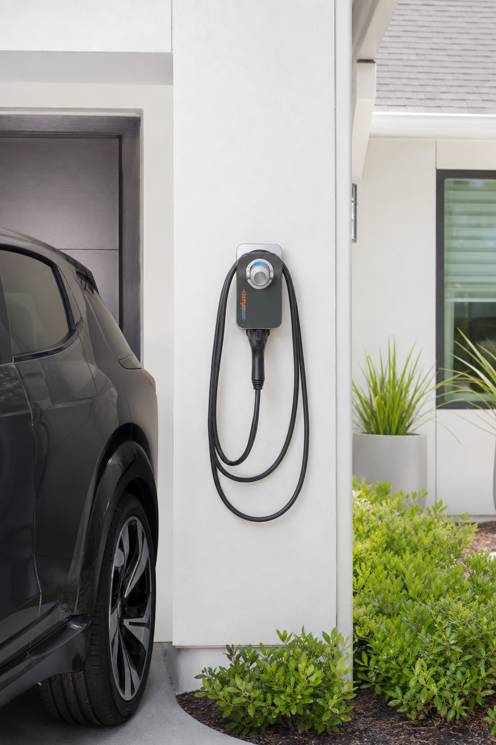 Wall-mounted ChargePoint charger shown in a residential installation setting