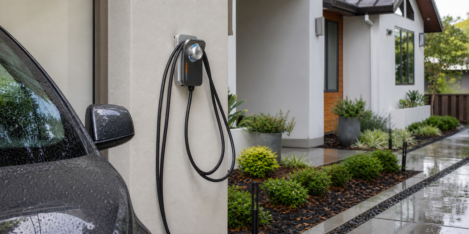 ChargePoint Home Flex installed on a sheltered exterior wall after rain