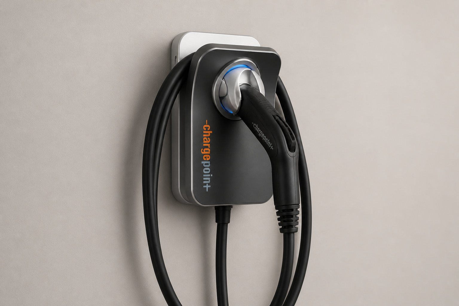 ChargePoint Home Flex enclosure and J1772 connector in an editorial product view