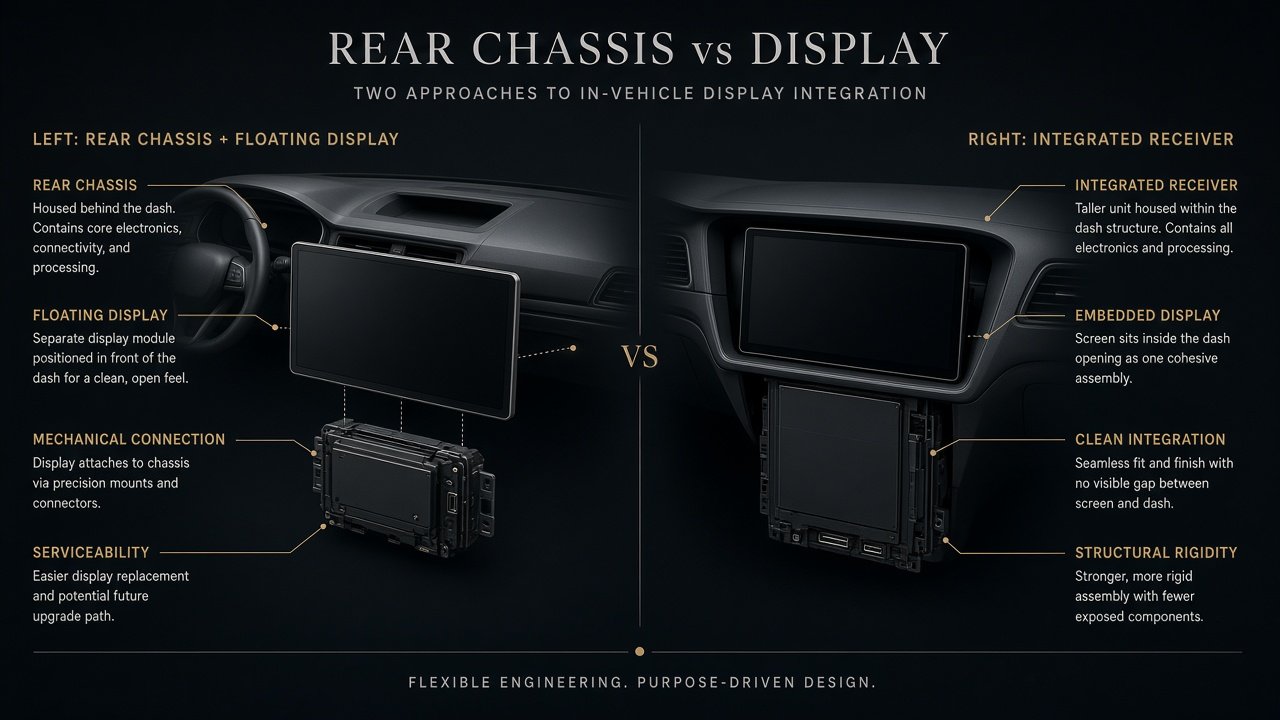 Diagram of a compact rear chassis with a large floating display versus an integrated receiver screen inside the dash
