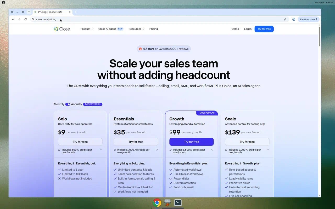 Close CRM official pricing for Solo Essentials Growth and Scale