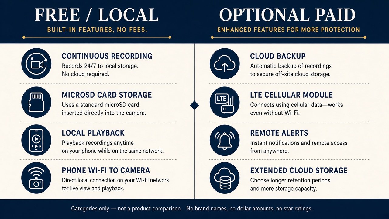 Free local dash cam features versus optional paid cloud and LTE