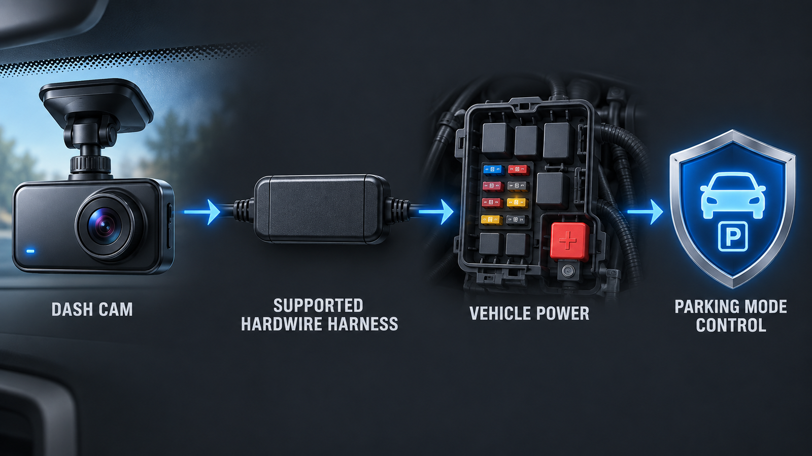 Conceptual path from a dash cam through a supported hardwire harness to vehicle power and parking-mode control