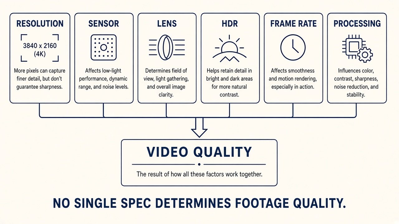 Resolution sensor lens HDR frame rate and processing become video quality