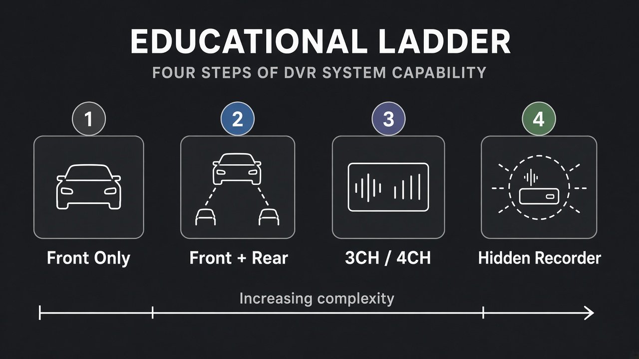 Ladder from front-only dash cam install to front and rear, then 3CH/4CH, then a hidden recorder