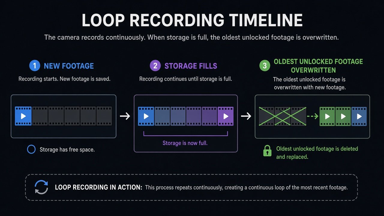 Timeline of dash cam loop recording from new footage to storage filling to oldest unlocked files being overwritten