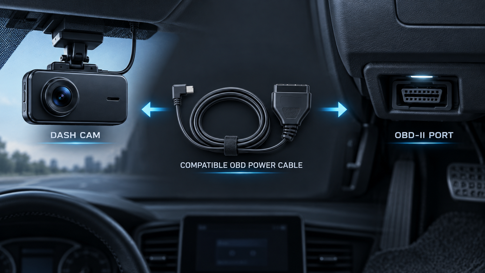 Conceptual connection from a dash cam through a compatible OBD power cable to a vehicle OBD-II port