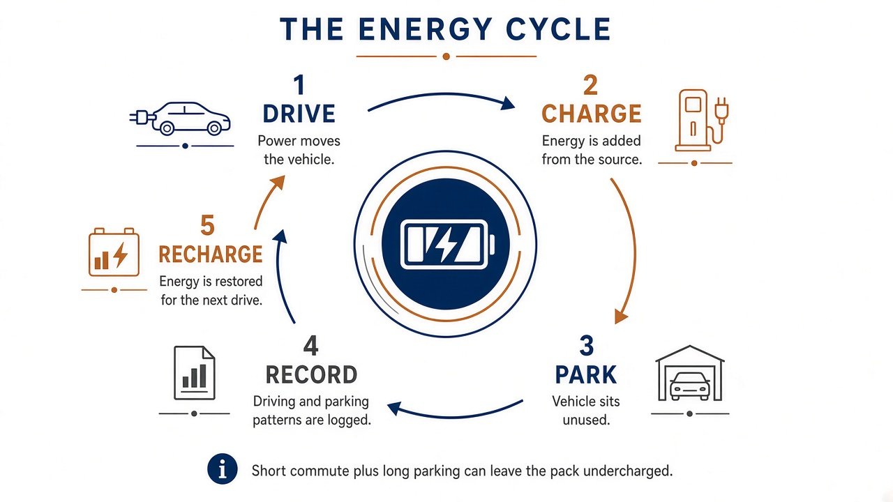 Energy cycle infographic: drive, charge, park, record, recharge