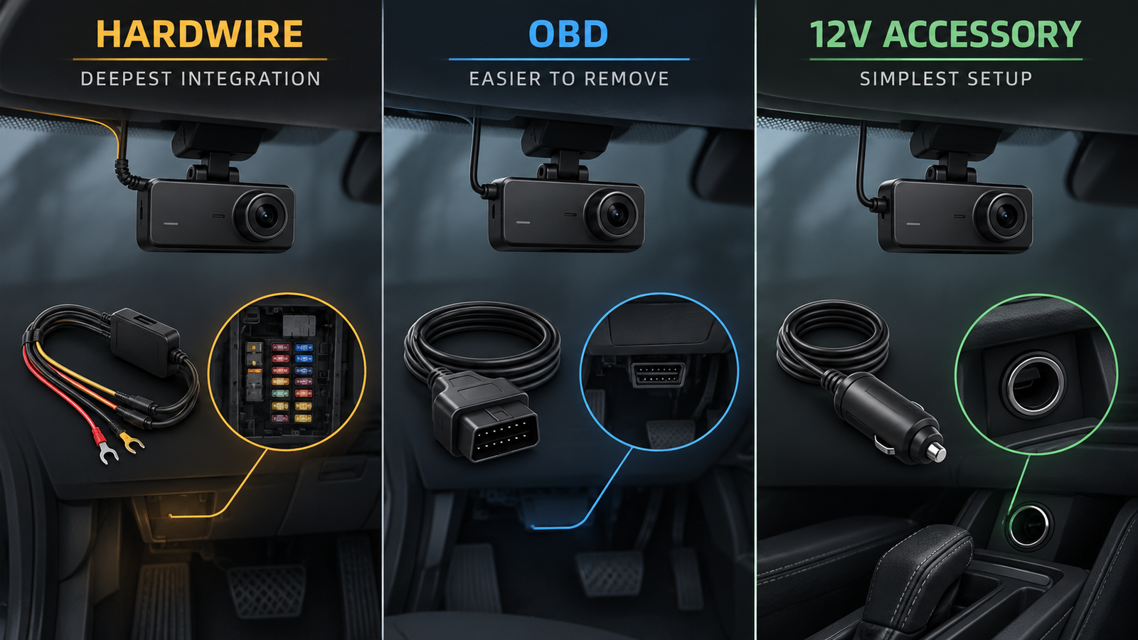 Comparison of hardwire, OBD and 12V accessory dash cam power connections