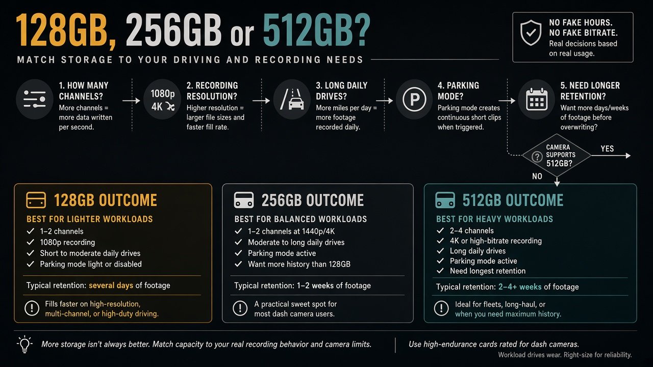 Decision flow for choosing 128GB, 256GB, or 512GB based on channels, resolution, driving, parking, retention, and camera support