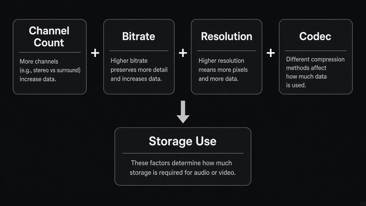 Diagram showing channel count, bitrate, resolution, and codec combining into storage use