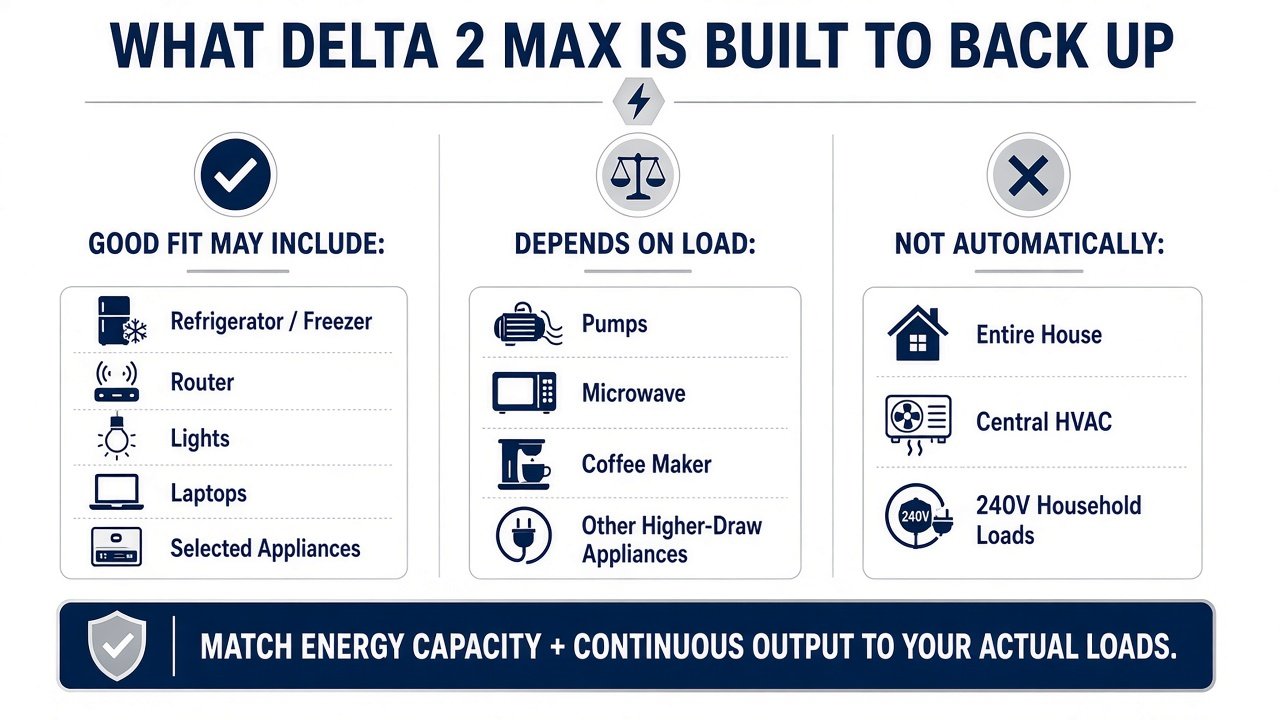 Graphic: what DELTA 2 Max may back up versus whole-home and 240V loads