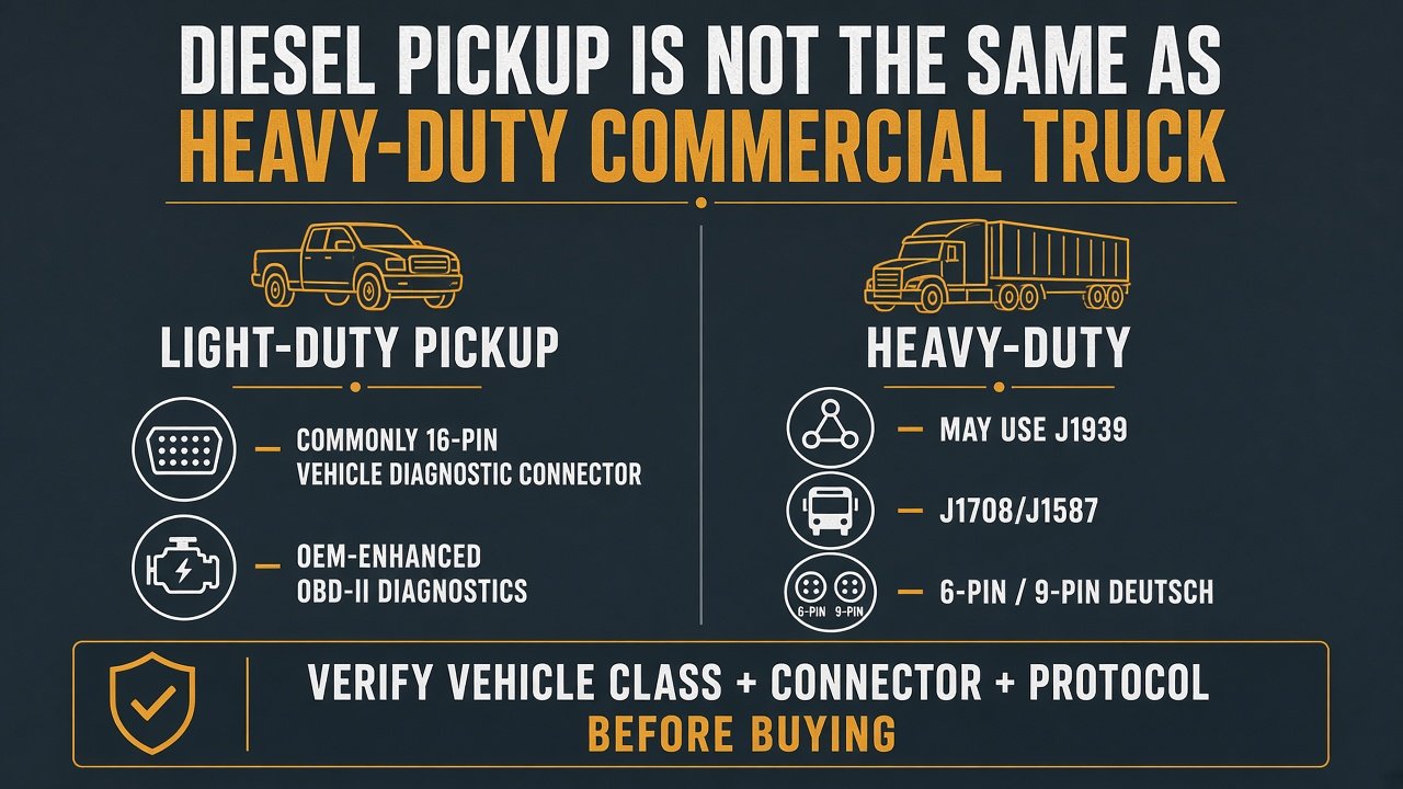Graphic: light-duty OBD-II pickup vs heavy-duty J1939 commercial truck diagnostics