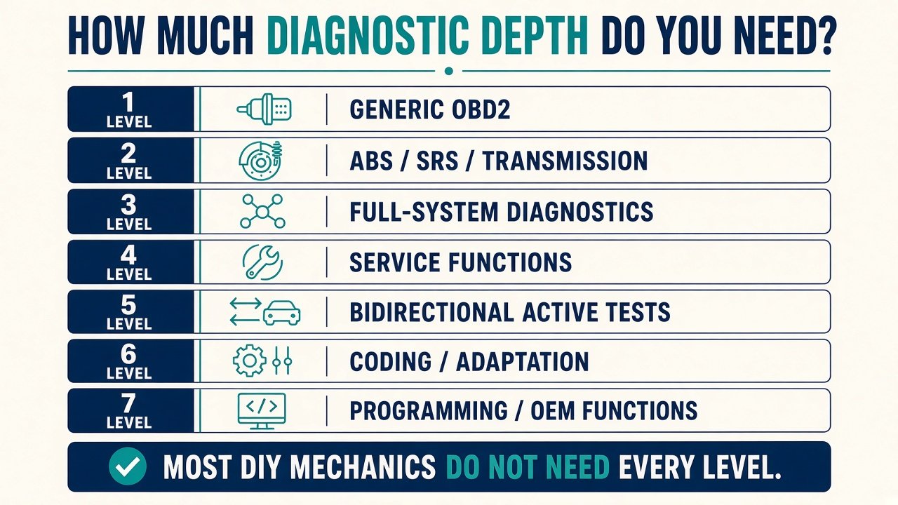 Graphic: how much diagnostic depth a DIY mechanic needs, from generic OBD2 to programming