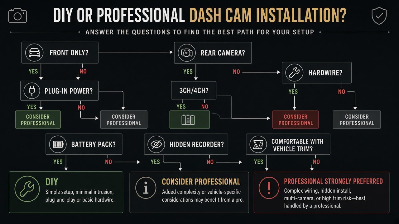 Decision flow for DIY versus professional dash cam installation based on cameras, power, and trim comfort