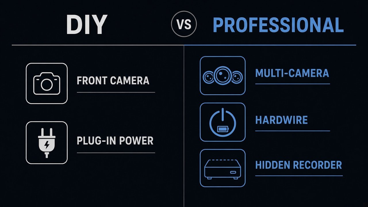Diagram contrasting a simple front plug-in DIY install with a professional multi-camera hardwire and hidden recorder setup