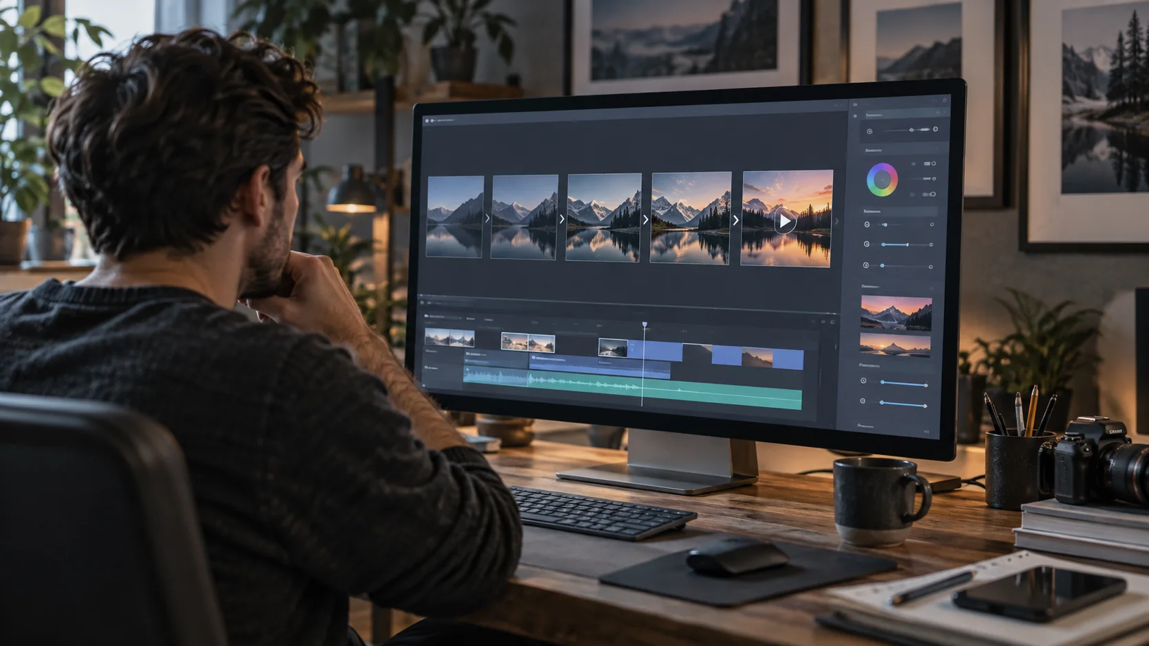 Editorial illustration of a creator planning an AI video from image frames on a computer screen