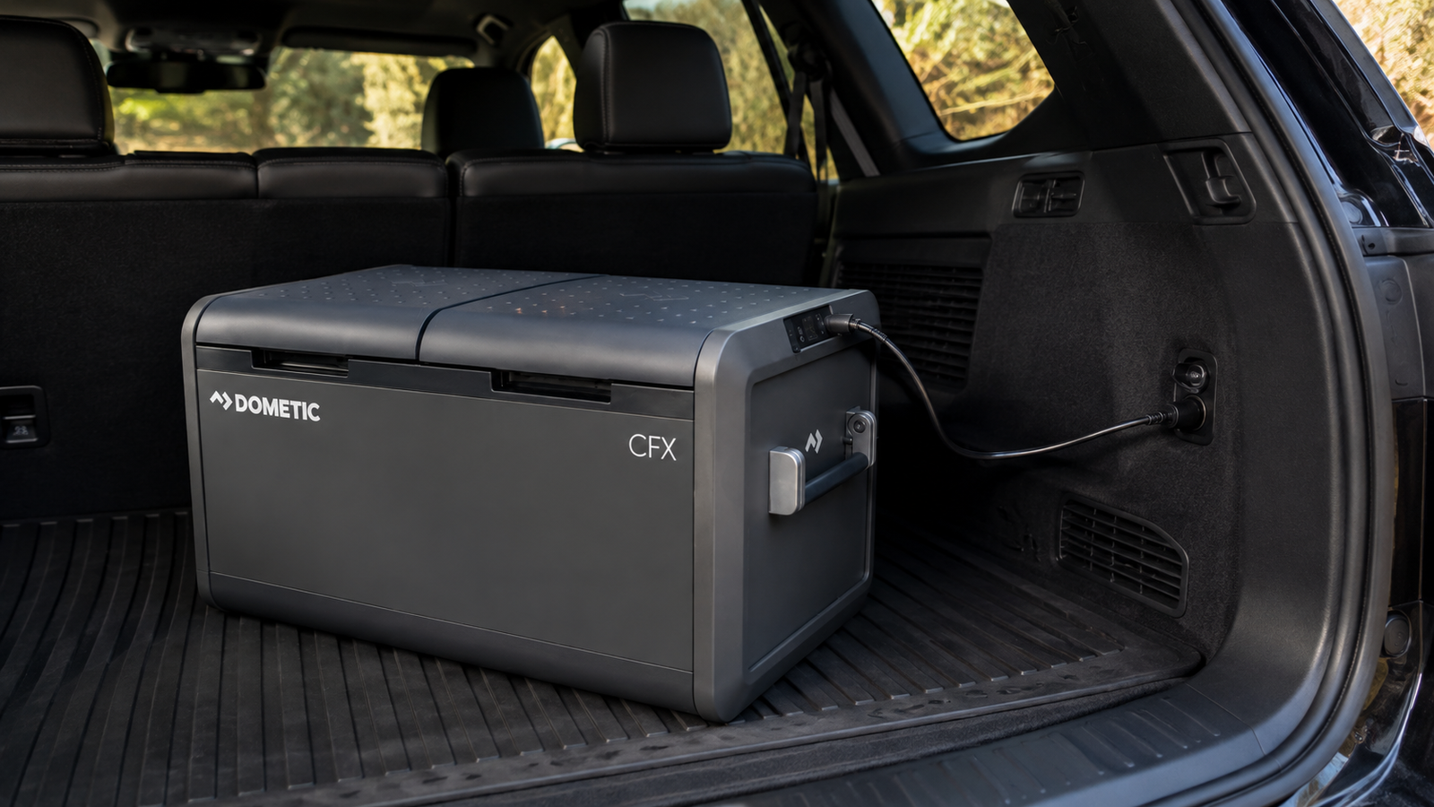 Dometic CFX5 75DZ 12V refrigerator connected inside an SUV