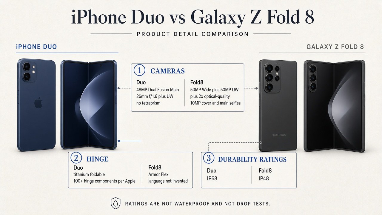 Comparison callouts for cameras, hinge, and IP68 versus IP48 ratings