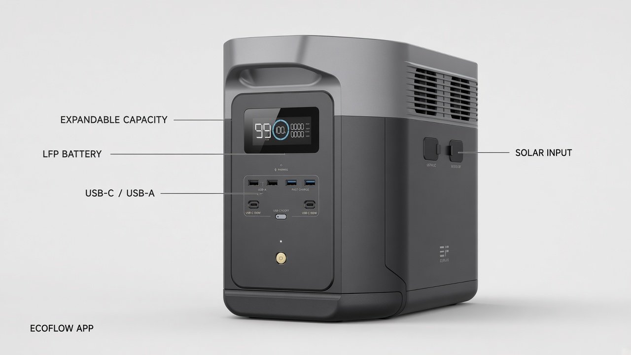 Current EcoFlow DELTA 2 Max showing USB ports, display, and XT60 solar inputs