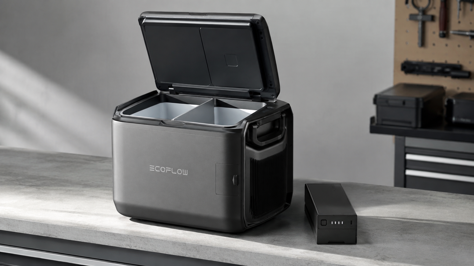 Open EcoFlow GLACIER Classic 55L showing the divided interior and removable battery area
