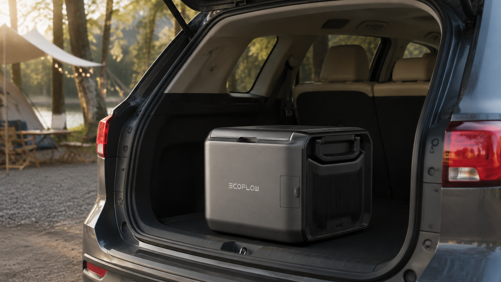 EcoFlow GLACIER Classic 55L positioned at the rear of a camping SUV for scale