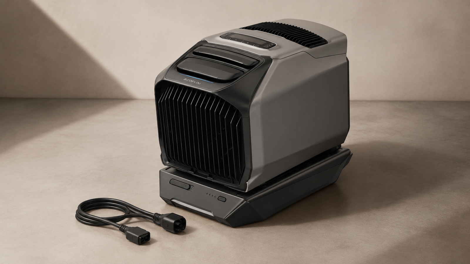 EcoFlow WAVE 3 mounted on its detachable Add-on Battery with a power cable nearby