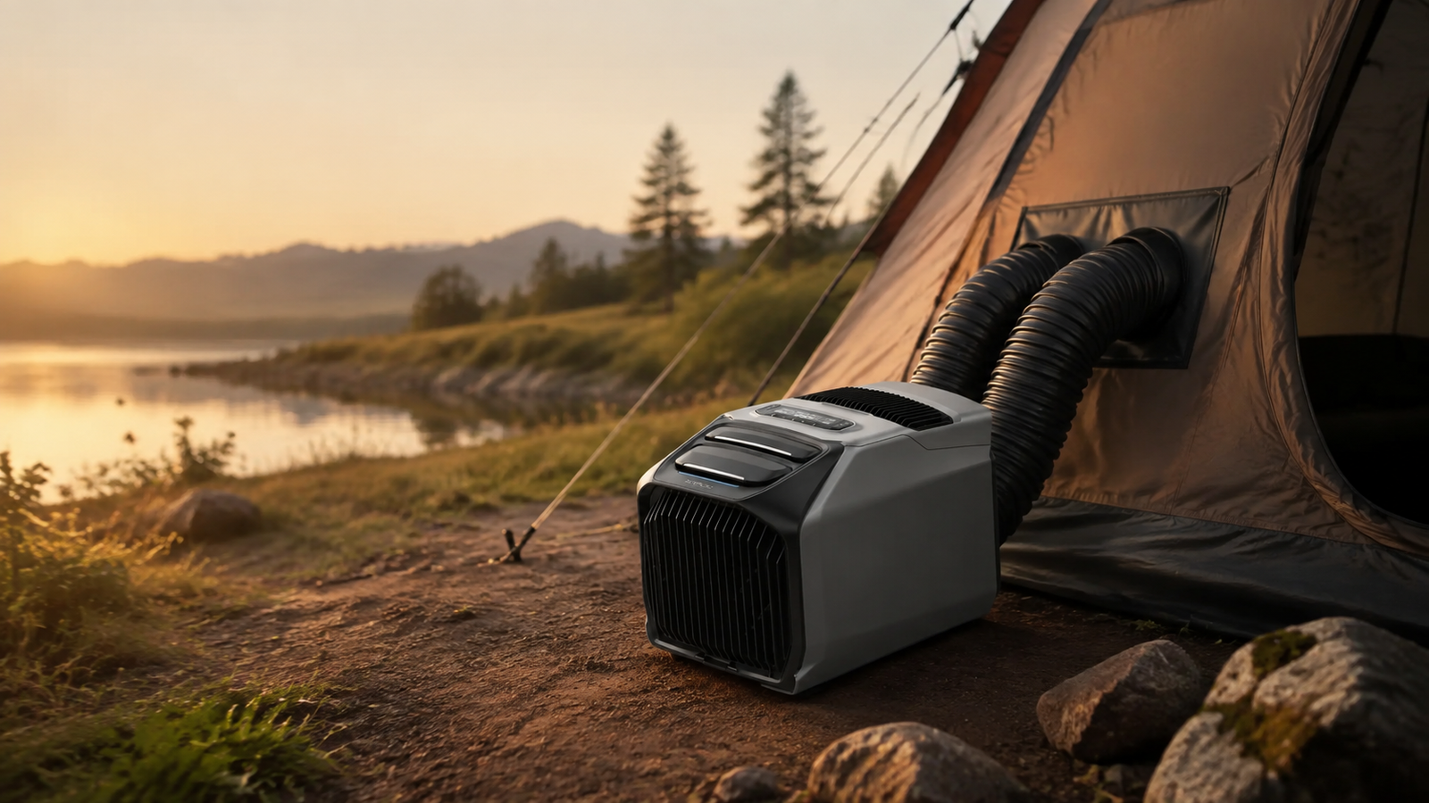 EcoFlow WAVE 3 cooling a camping tent with insulated exhaust ducts