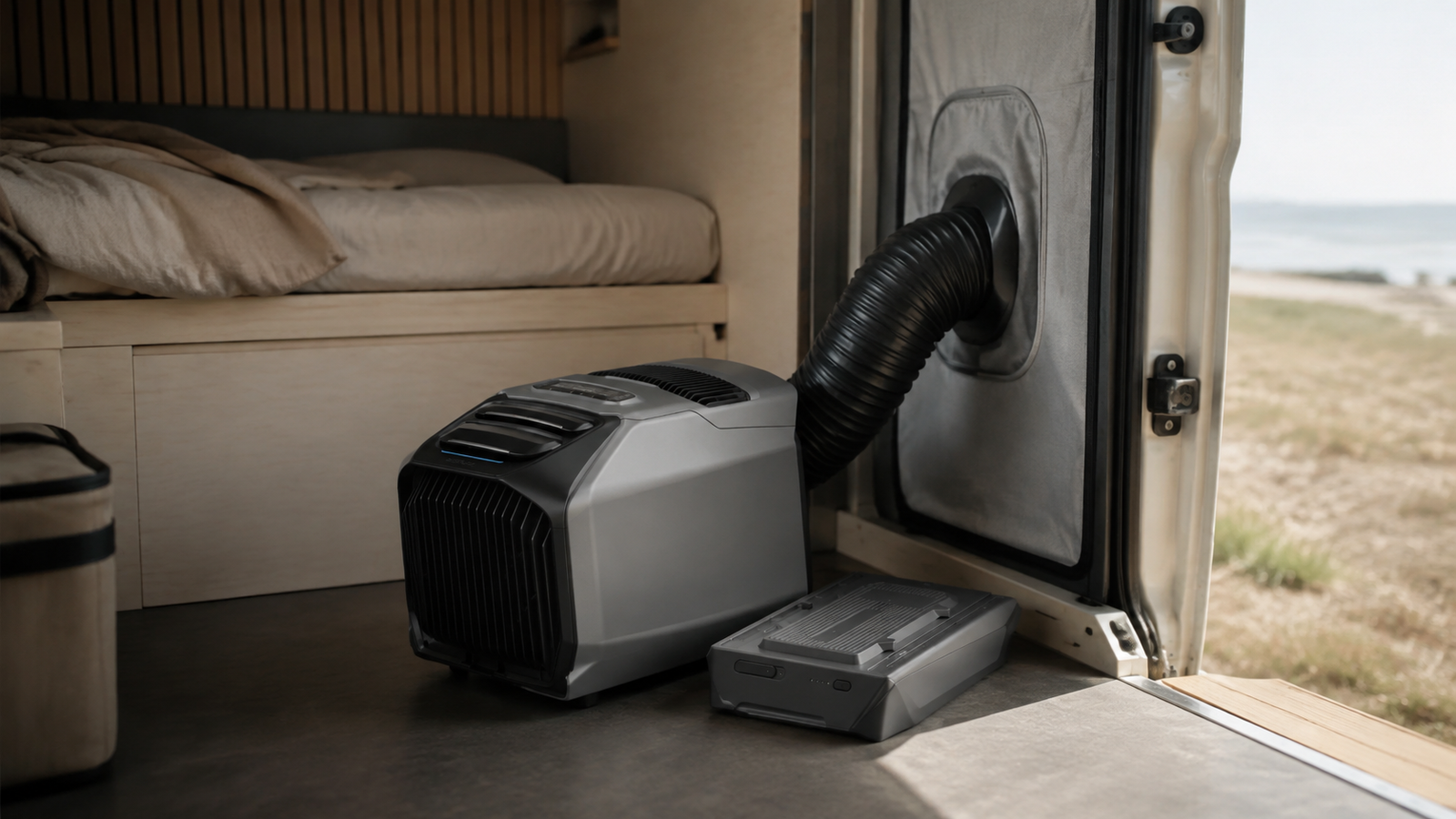 EcoFlow WAVE 3 and Add-on Battery installed inside a compact camper van with an exhaust duct