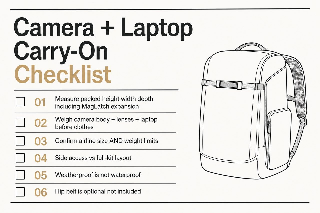 Camera plus laptop carry-on checklist covering packed size, weight, airline limits, access, and weatherproofing