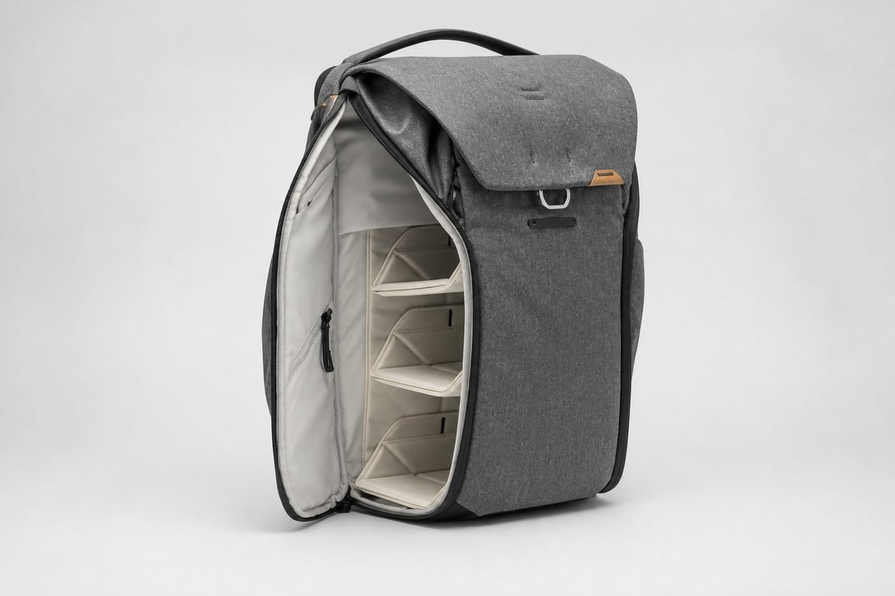 Peak Design Everyday Backpack 30L Charcoal opened at the side UltraZip showing FlexFold camera dividers