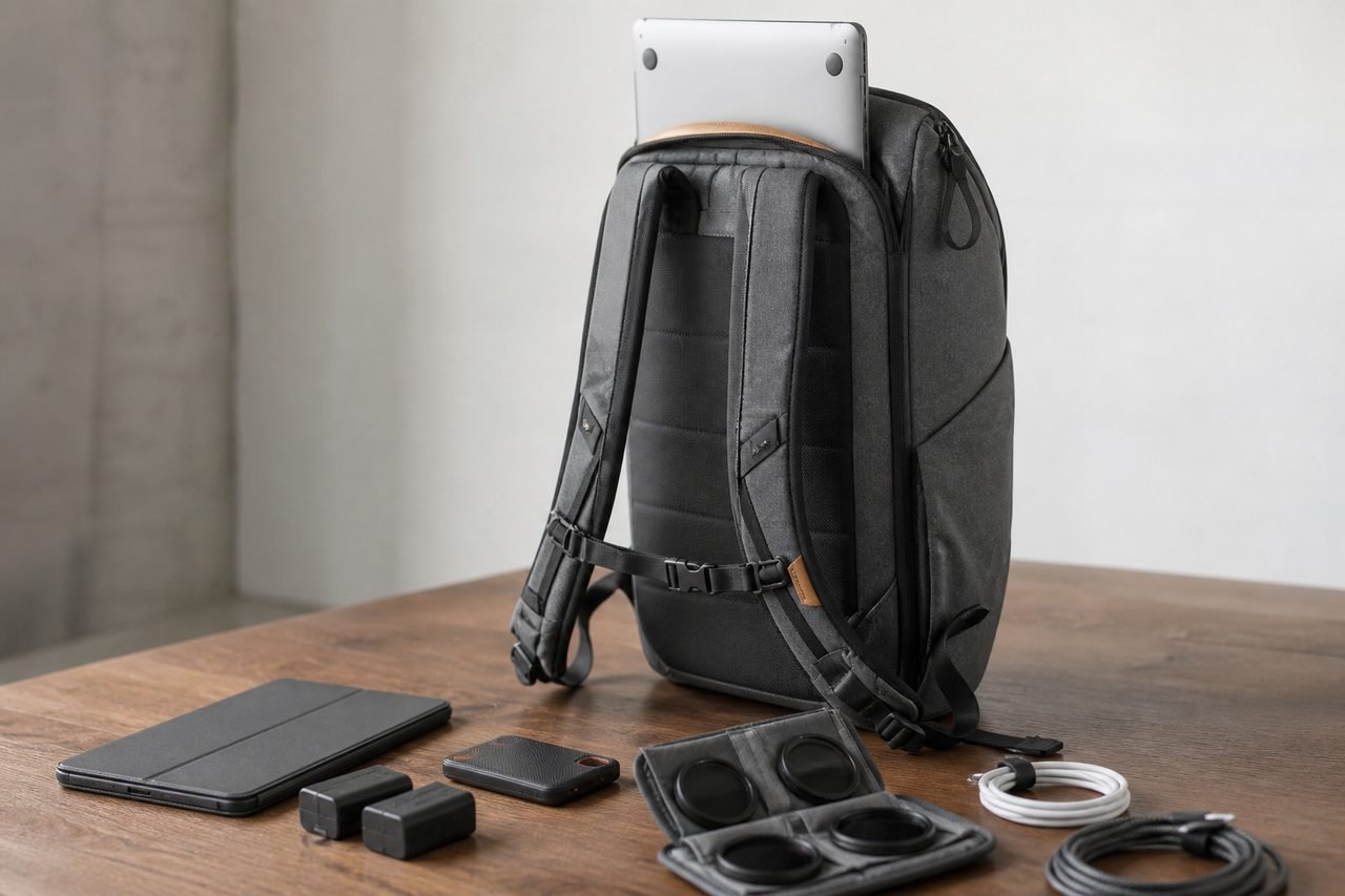 Peak Design Everyday Backpack 30L Charcoal laptop sleeve with tablet, batteries, filters, and cables