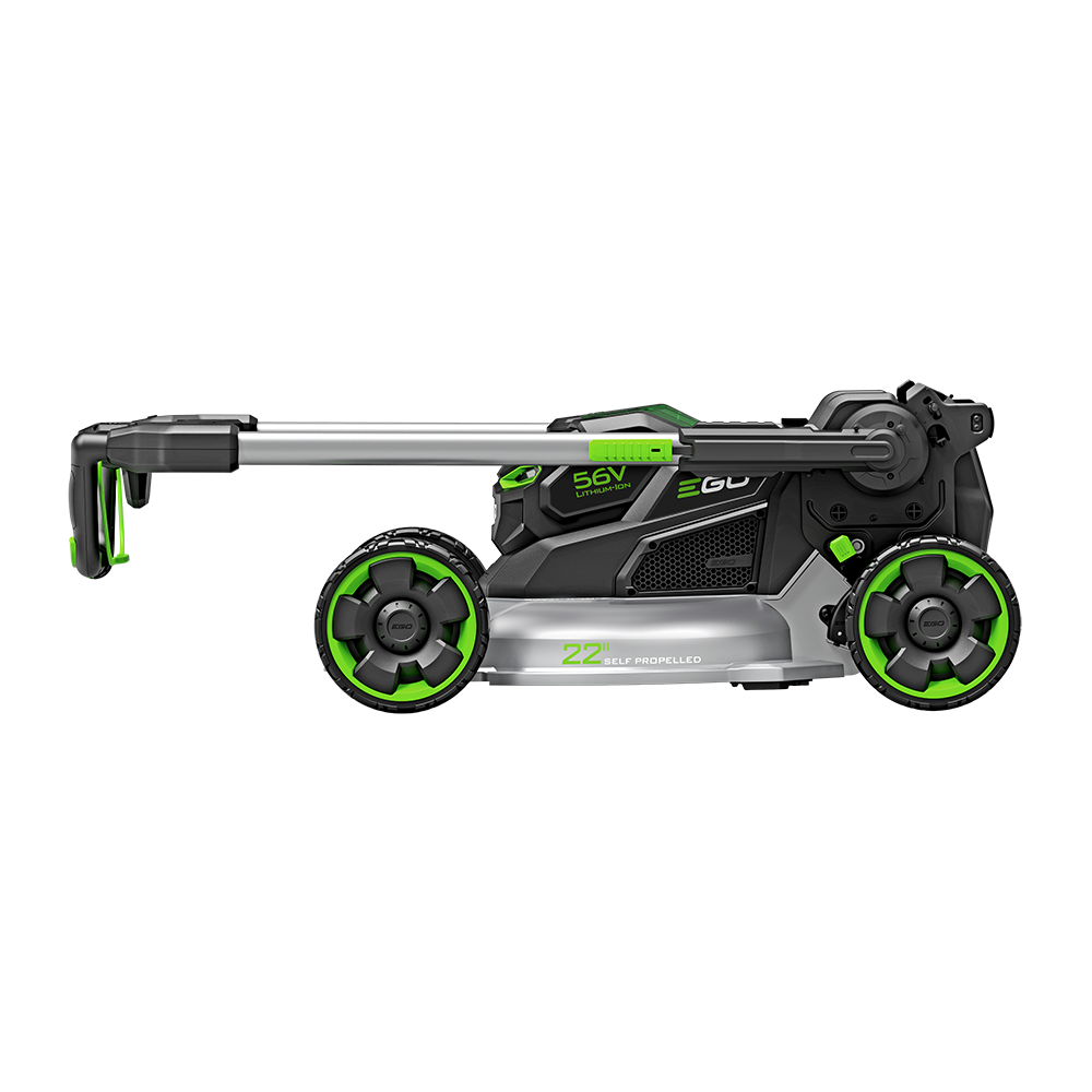 EGO cordless mower folded for compact storage