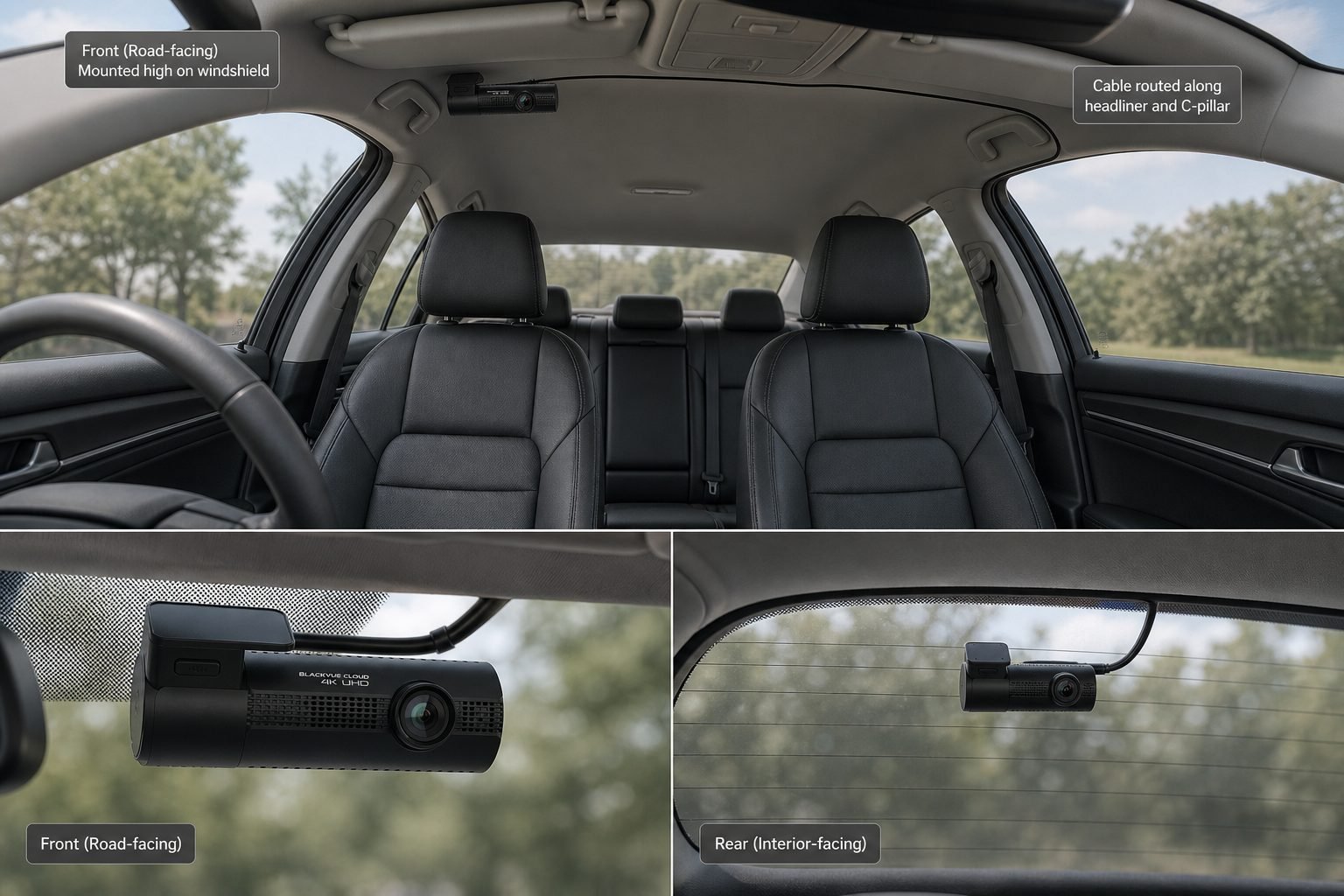 BlackVue ELITE 10-2CH front windshield and rear-window camera placement with headliner cable