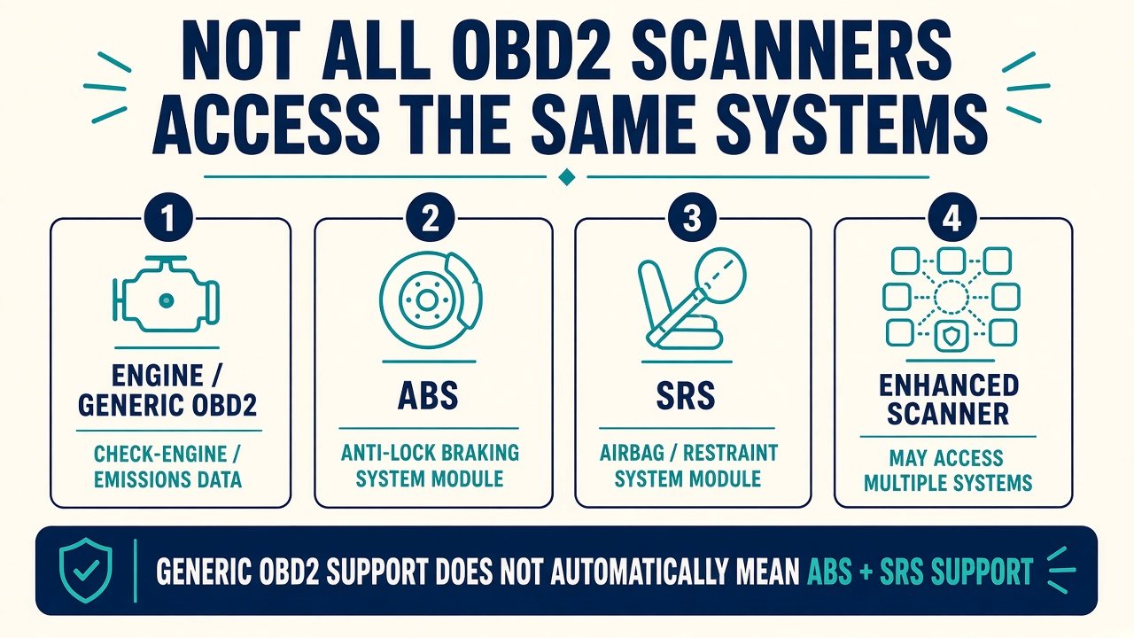 Graphic: generic OBD2 is not automatically ABS or SRS module access