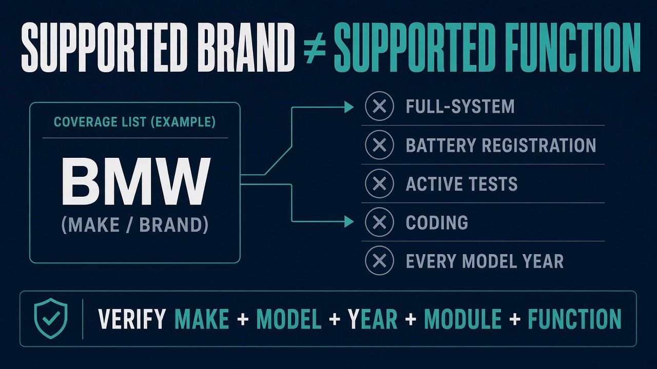 Graphic: a BMW logo on a coverage list does not equal full-system, battery registration, active tests, or coding