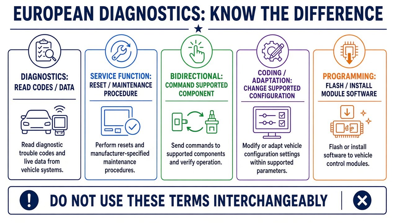 Graphic: diagnostics, service function, bidirectional, coding/adaptation, and programming are different jobs