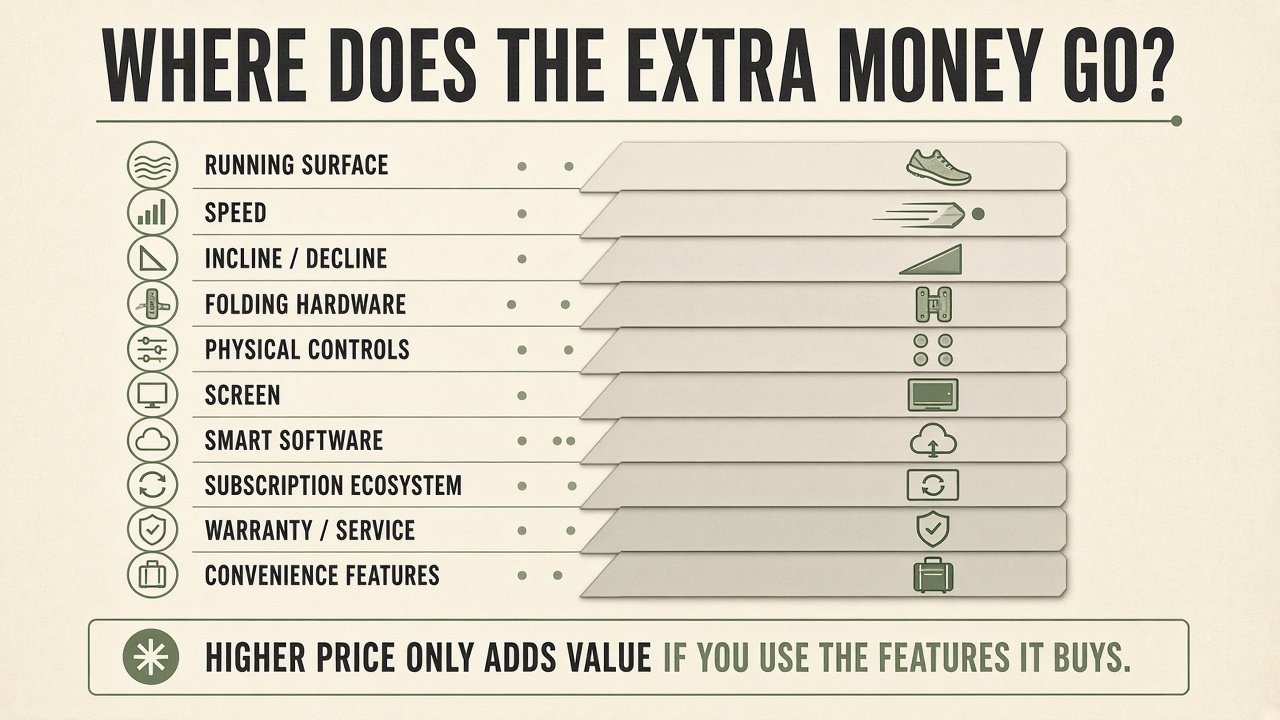 Graphic: where extra treadmill money can go, from belt and incline to screen and subscription