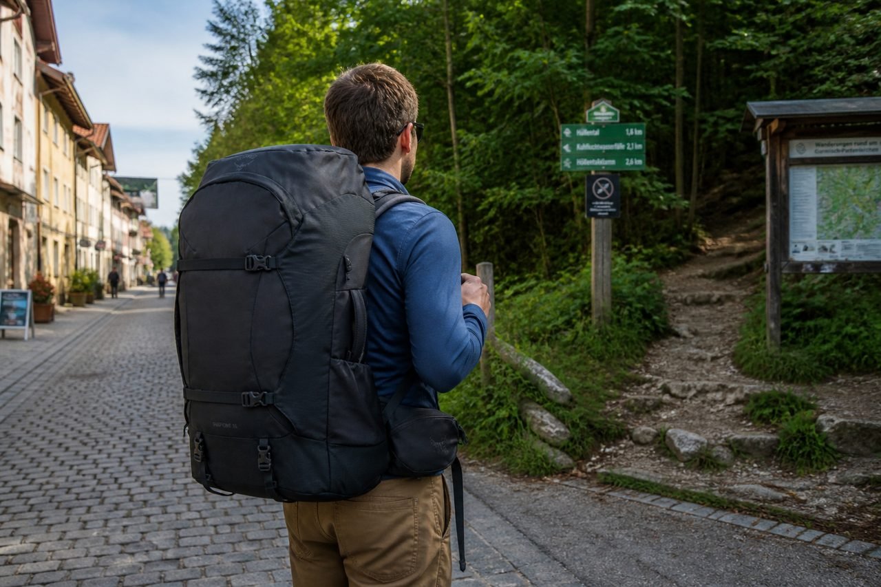 Traveler wearing the Osprey Farpoint Trek 55 from city streets toward a forest trailhead
