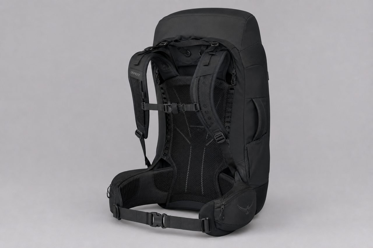 Osprey Farpoint Trek 55 harness showing AirSpeed mesh backpanel, sternum strap, and padded hipbelt
