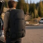 Osprey Farpoint Trek 55 black travel hiking backpack at an airport-to-trailhead parking area