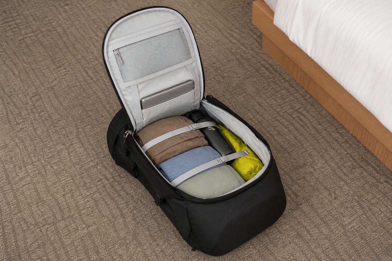 Osprey Farpoint Trek 55 opened front panel showing internal compression straps, clothing, and a laptop sleeve